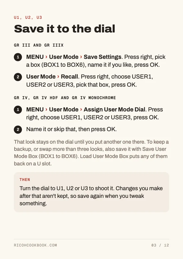 Card: saving a recipe to U1, U2 or U3